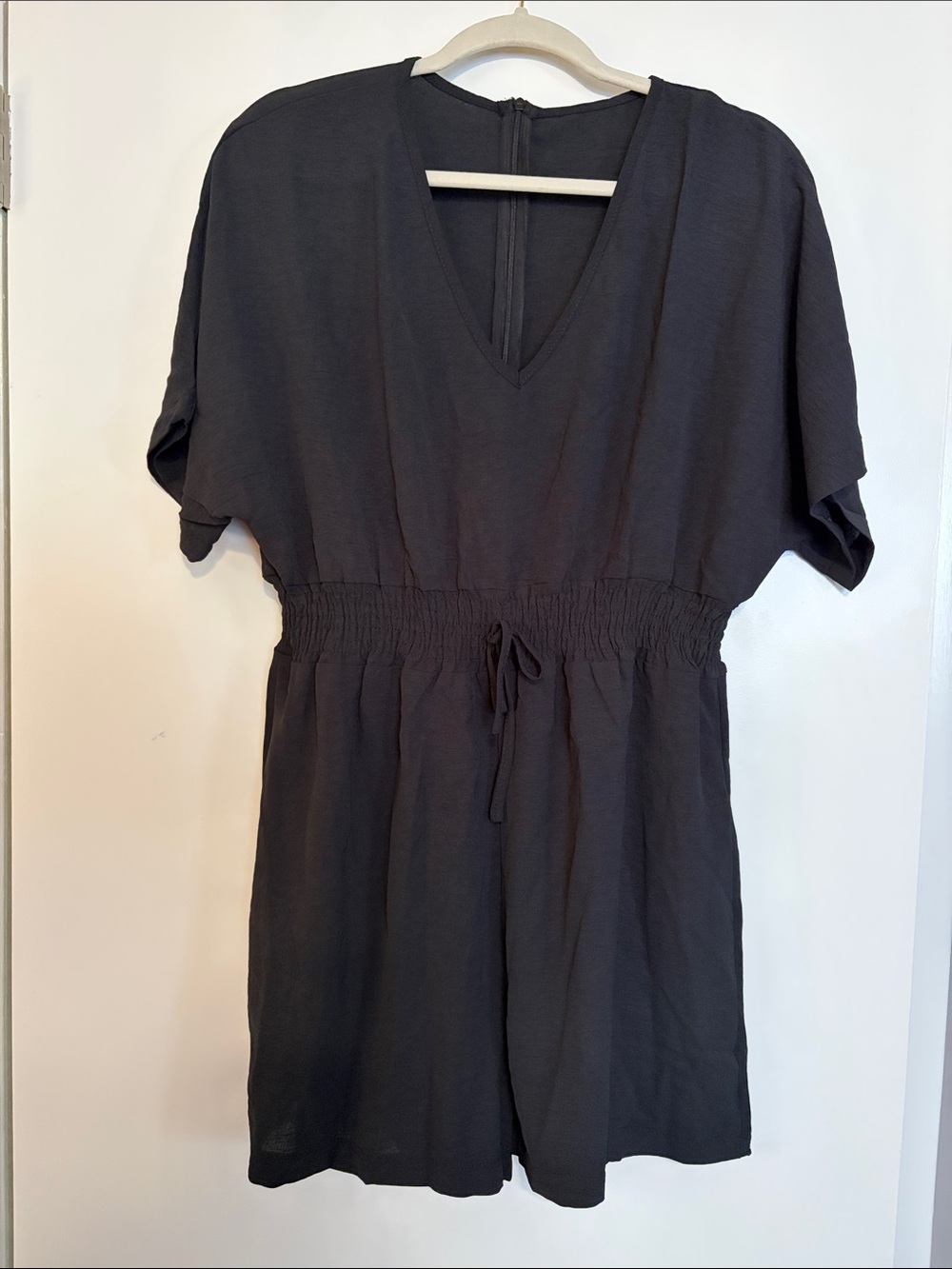 V-Neck Short Sleeve Black Romper with Drawstring Waist